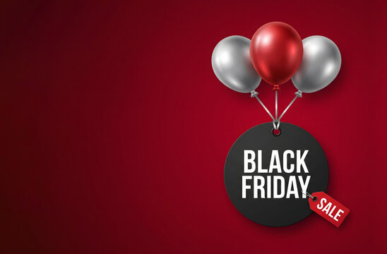 Black Friday Sale Banner with Floating Red and Silver Balloons, Black Circular Label and Discount Tag on Dark Red Background for Marketing Poster.
