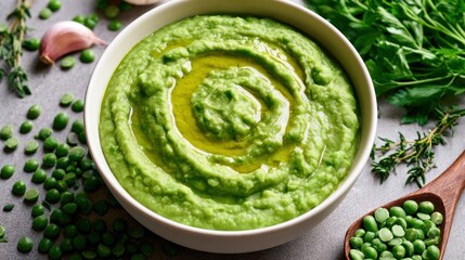 Obraz premium Healthy Green Pea Hummus Dip with Olive Oil Garlic and Fresh Herbs