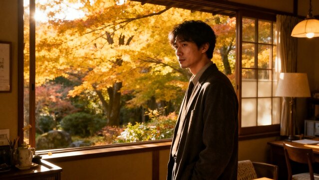 Asian man standing by window admiring golden autumn foliage in traditional wooden room