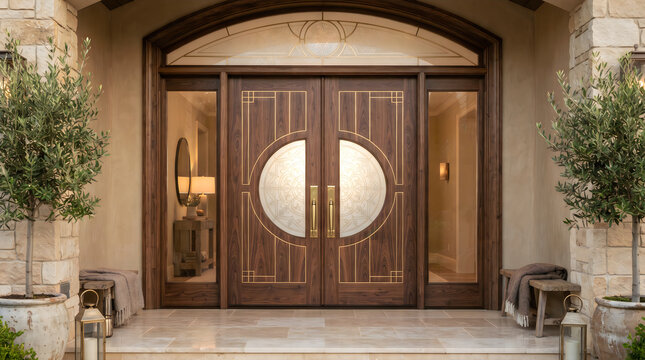 Stately wooden double front doors with circular glass patterns and brass hardware at a mediterranean villa entrance
