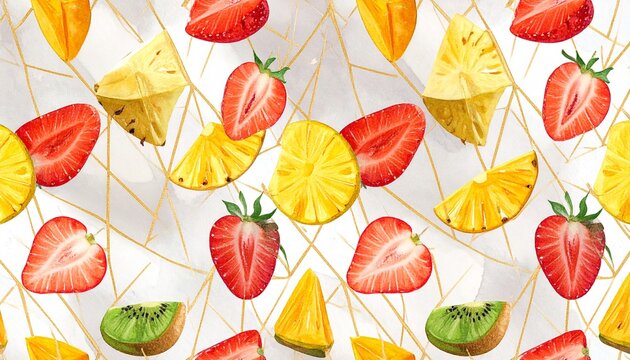 Vibrant seamless watercolor pattern of sliced strawberries, pineapples, and kiwis on a white background with modern golden geometric lines