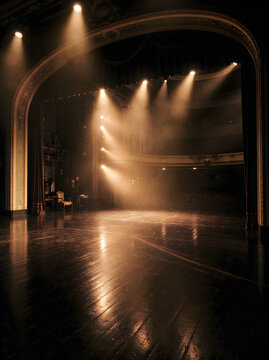 Dramatic lighting on an empty theater stage with warm rays cutting through the dark atmosphere performance spotlight