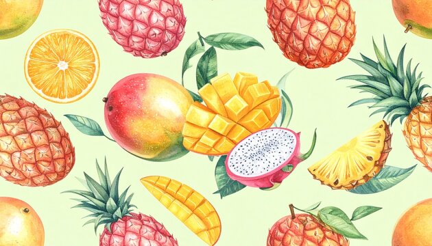 Tropical fruit watercolor seamless pattern with pineapple and mango