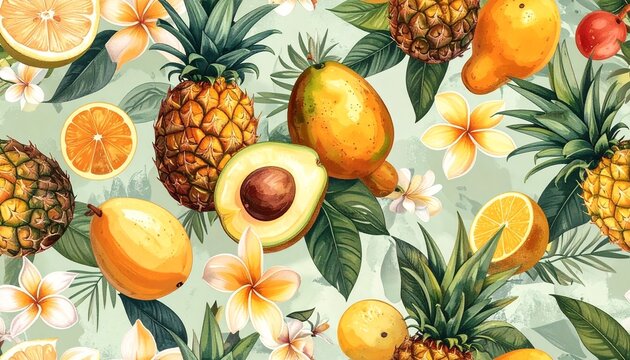 Tropical watercolor pattern with pineapple and avocado