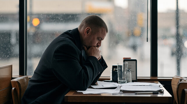 Private investigator sitting alone at a rain streaked urban diner window, surveillance notes on table, long range observation of street below, solitary professional focus, covert