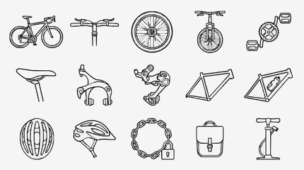Modern Black and White Line Drawing Set of Various Bicycle Parts and Accessories for Designers and Cyclists © Mad