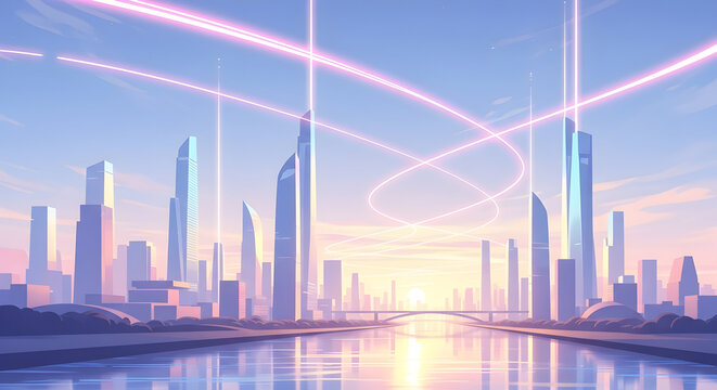 Futuristic Cityscape at Sunset with Reflective Water Surfaces and Vibrant Sky Colors in a Dreamlike Urban Environment
