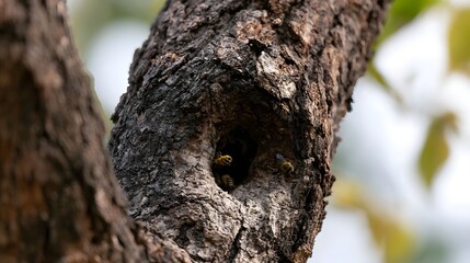 Obraz premium Bees actively entering and exiting a hollow tree trunk showcasing natural wildlife behavior in daylight