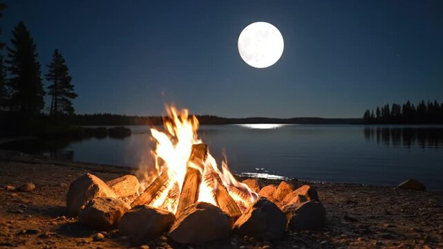 Bright Campfire Burning by a Quiet Lake Under a Full Moon at Night