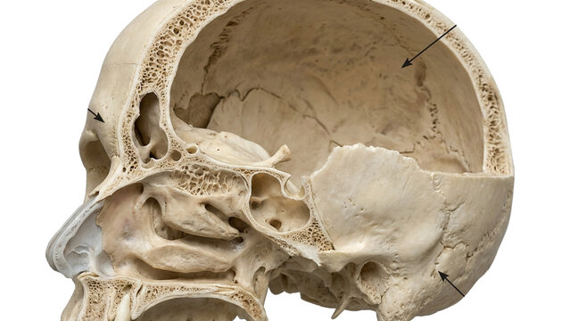 Detailed Human Skull Cross Section Showing Cranial Cavity and Facial Bone Anatomy for Medical Study