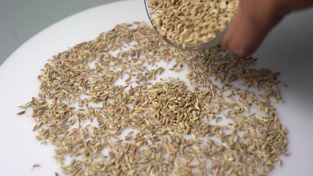 A close-up view of whole carom seeds, also known as ajwain, slowly falling onto a white surface, showcasing their earthy brown color and texture