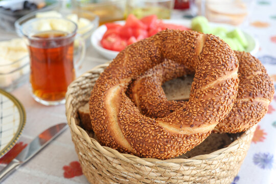 simit bagels in the basket and glass of tea