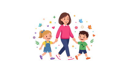 Fototapeta premium Happy Mother Walking with Daughter and Son, Holding Hands Together Surrounded by Colorful Flowers, Butterflies, Stars, and Playful Nature Elements