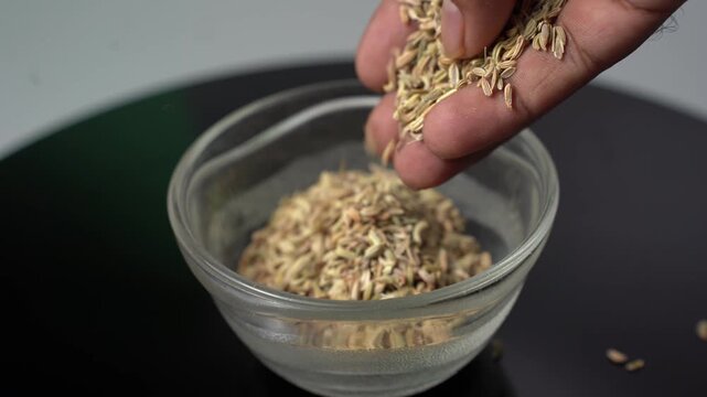 A close-up view of a hand carefully pouring organic fennel seeds (Foeniculum vulgare) into a small, clear glass bowl, showcasing a culinary preparation