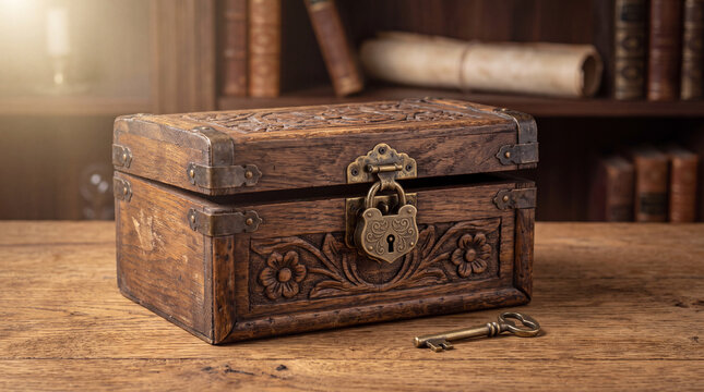 Vintage wooden treasure box with locked brass latch and key  
