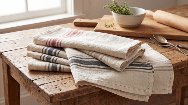 Vintage kitchen towels stacked on wooden table with herbs and bowl  