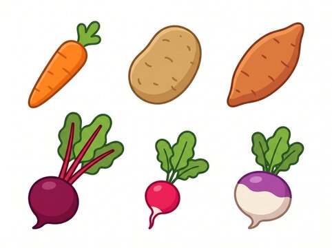 Set of colorful cartoon root vegetables including carrot potato and beet isolated on white background, Vector, illustration