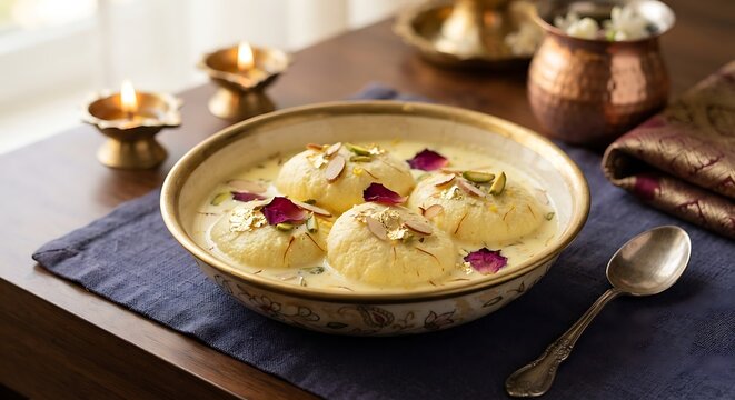 Ras malai in bowl on table with diya lamp. Traditional Indian sweet dessert with almond, pistachio and saffron. Festive dish for Diwali celebration. Gourmet dairy meal in metal pot.