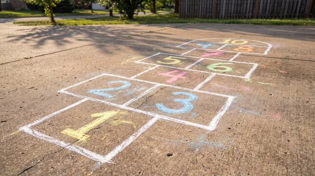Colorful hopscotch court chalk numbers drawn on pavement in sunlight  