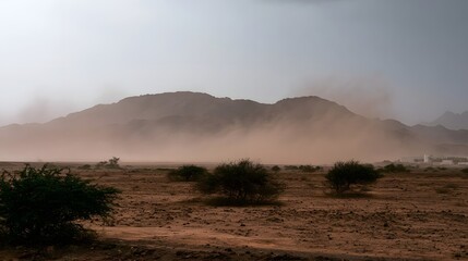 Naklejka premium A sandstorm rolls across a barren desert plain with rugged mountains in the distance and sparse shrubs dotting the foreground