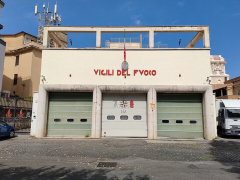 Ostia, Rome, Italy - March 12, 2026, perspective view of the facade of the historic building, with the red sign, which houses the Fire Brigade Station.