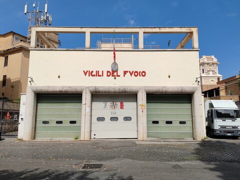 Ostia, Rome, Italy - March 12, 2026, perspective view of the facade of the historic building, with the red sign, which houses the Fire Brigade Station.