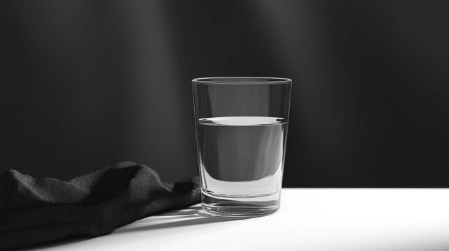 A minimalist black and white still life photograph of a half-full glass of water on a table with copy space, symbolizing