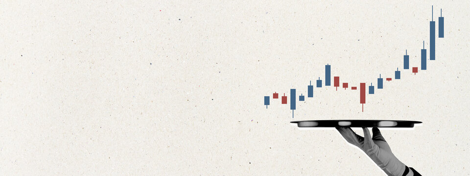 Hand holding a platform with rising stock market candlestick chart on a textured light background with generous copy space for business design.