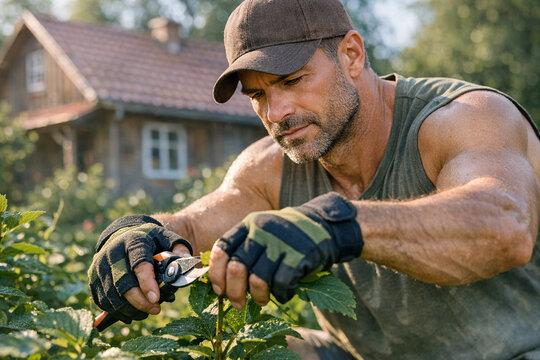 Working outdoors, gardening tools in hand, protective gear on hands and knees.