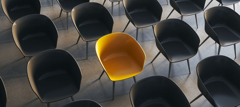 Bright yellow chair standing out among rows of black seats in a modern indoor waiting area, contrast and individuality concept. 3D Rendering