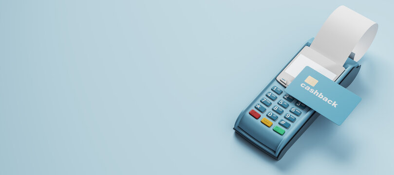 Contactless payment terminal with cashback card and receipt, positioned on a clean blue background with generous copy space. 3D Rendering