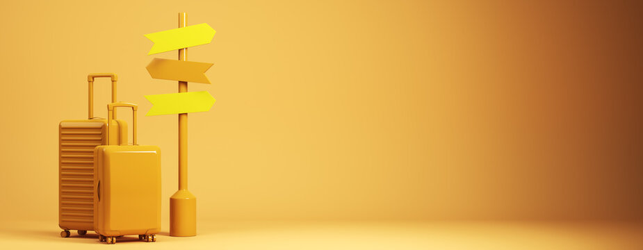 Yellow travel suitcases beside blank directional signs, bright vacation journey concept with clean copy space for banner design. 3D Rendering