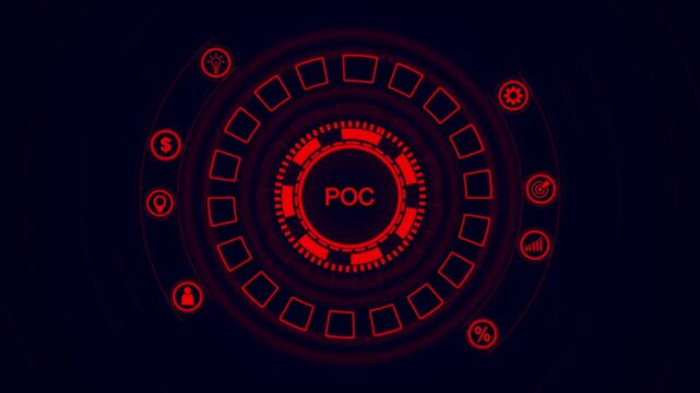 A bright red digital interface with the word POC in the center, surrounded by glowing and a dark background Keywords: poc, proof of concept, business, technology, digital, interface, futuristic