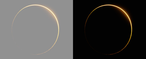 Golden Glowing Light Ring Solar Eclipse Halo Overlay Isolated on Grey and Black Backgrounds © Olga