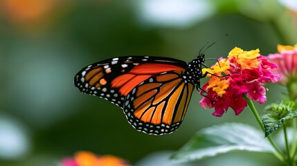 Obraz premium A monarch butterfly perches delicately on a cluster of colorful flowers showcasing vibrant orange wings against lush green foliage