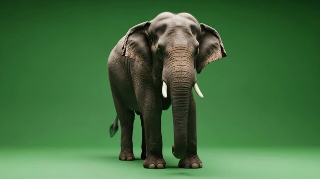 A majestic asian elephant standing gracefully against a solid green background