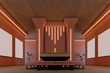 Obraz premium Futuristic orange lounge interior with glowing vertical wall lights, sculptural fireplace, modern sofa, plants, and symmetrical architectural design. 3D Rendering