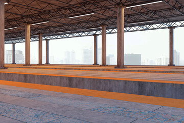 Fototapeta premium Open industrial rooftop pavilion with timber columns, steel roof trusses, urban skyline, and spacious architectural background concept. 3D Rendering
