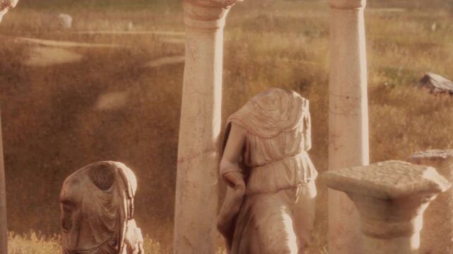 Three ancient statues stand beside stone columns in a grassy field. The statues are worn and lacking heads. Sunlight casts shadows, creating a warm atmosphere in the scene.