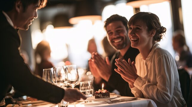 Waiter serving dessert to smiling couple at a restaurant table, with elegant glassware and warm lighting creating a celebratory atmosphere