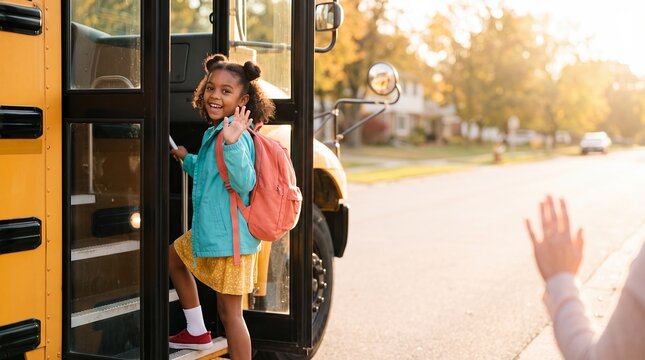girl school bus arrival waving transport child back education commute steps off a yellow bus and greets a caregiver for safe travel first day excitement family connection and education campaigns