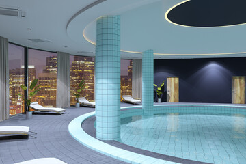 Fototapeta premium Luxury indoor rooftop pool lounge with illuminated ceiling, city skyline windows, tiled columns, and serene evening wellness ambiance. 3D Rendering