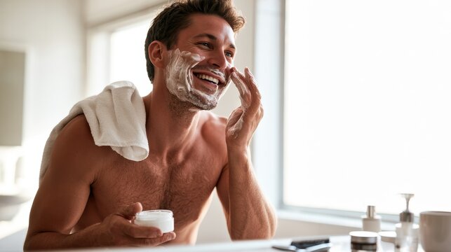 Male model applying facial cream while smiling in a bright bathroom, with a towel draped over his shoulder and various skincare products on the countertop