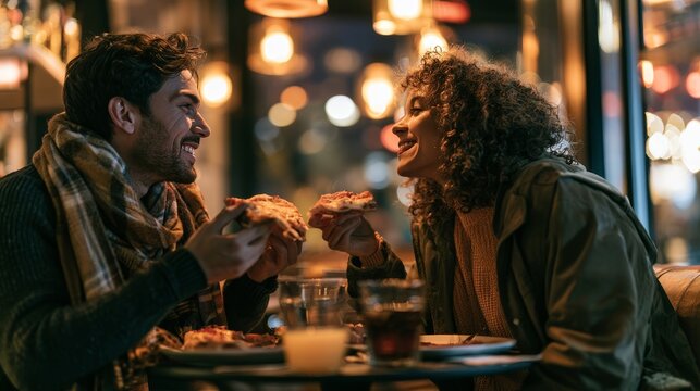 Young couple enjoying pizza together at a cozy restaurant with warm lighting and blurred background, showcasing a relaxed dining atmosphere