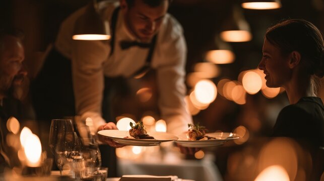 Male waiter in formal attire serves gourmet dishes to a woman at an elegantly set table, warm ambient lighting and blurred diners in the background enhance the dining experience