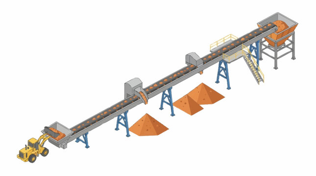 Industrial conveyor system transporting raw materials in a factory setting.
