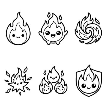 Set of cute kawaii fire flame character icons in black and white line art style.