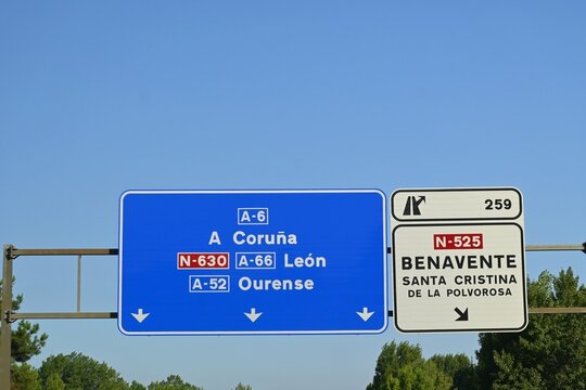 Road sign on the A6 motorway , exit 259 , Benavente , Spain ,
July 29 , 2026