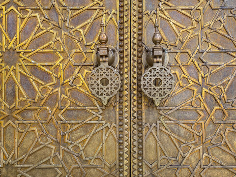 The detail of famous golden main entrance to the Royal Palace in F&egrave;s, Morocco