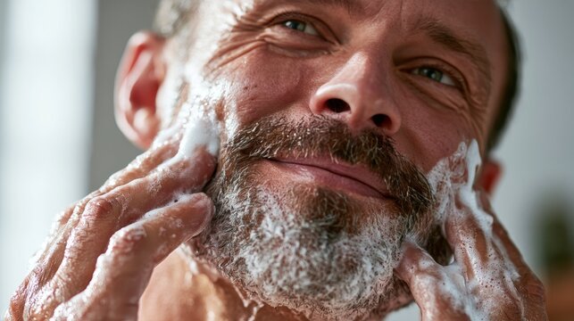Middle-aged man with beard applying facial cleanser while smiling, foam visible on his face, bright bathroom setting with natural light streaming through the window